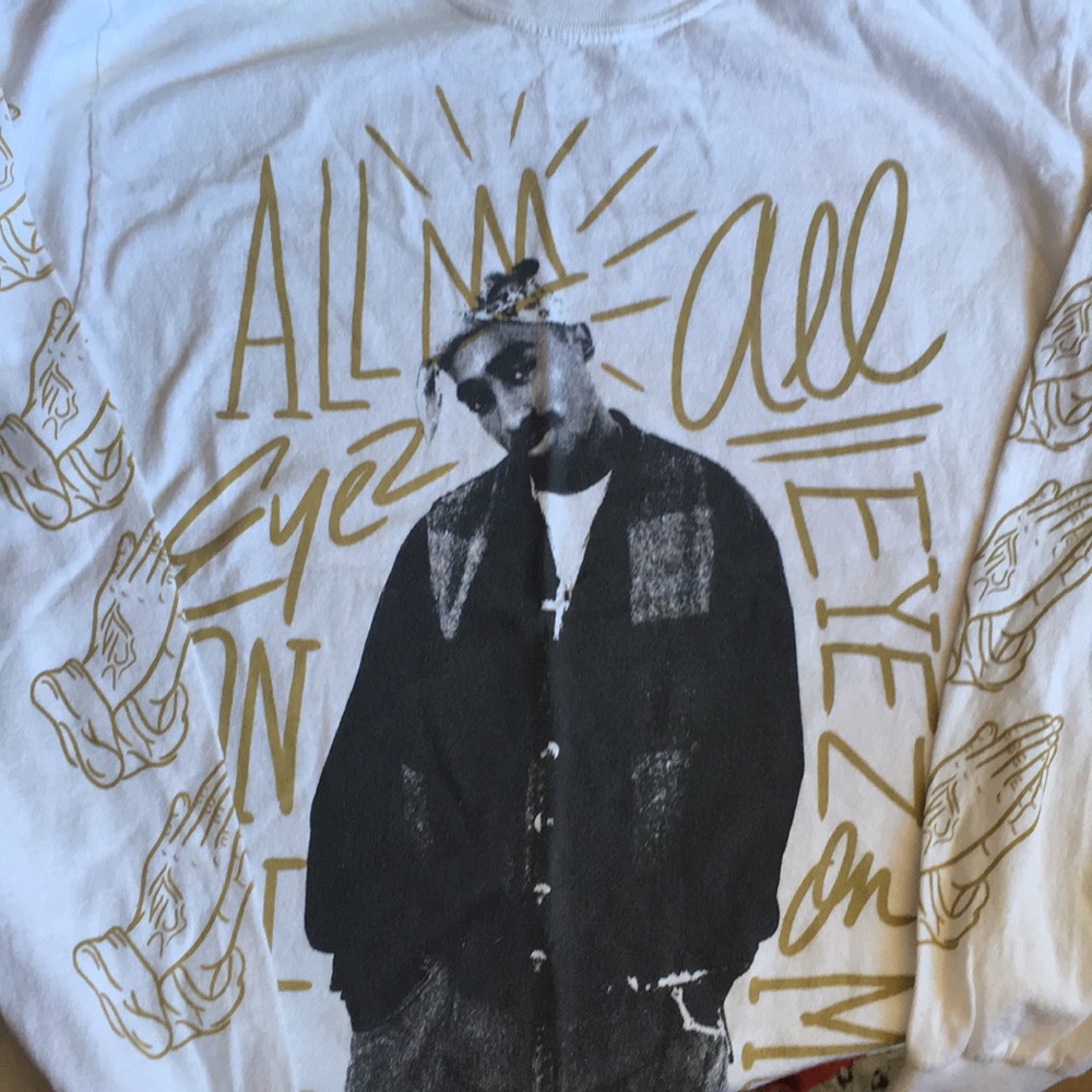 2Pac White Tee w/ Prayer Hands on Long Sleeves